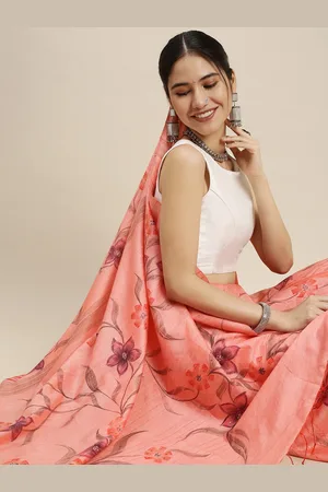 swatika Peach-Coloured & Grey Floral Printed Silk Blend Bhagalpuri Saree