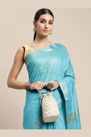swatika Blue & Golden Geometric Woven Design Bhagalpuri Saree
