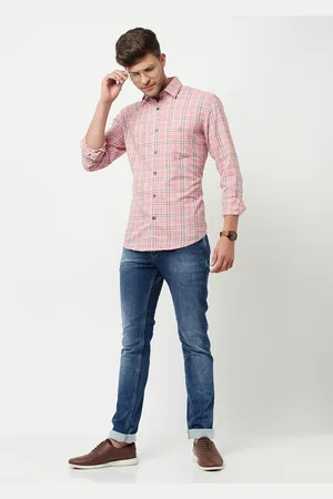 Crimsoune Club Men Pink Slim Fit Tartan Checks Casual Shirt
