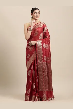 swatika Red & Gold-Toned Paisley Zari Pure Linen Banarasi Saree