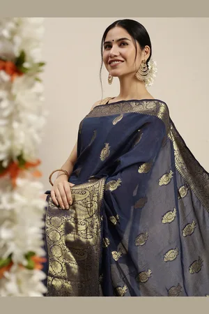 swatika Blue & Gold-Toned Woven Design Paisley Pure Silk Bhagalpuri Saree