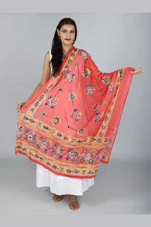 Exotic India Bittersweet Hand-Embroidered Florals and Mirrors Pure Cotton Dupatta