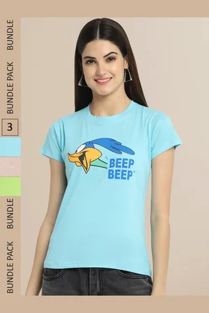 Fabflee Women Blue & Beige Pack of 3 Graphic Printed Cotton T-shirt