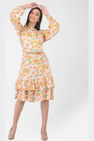 Crimsoune Club Women Pink & Orange Floral Midi Dress