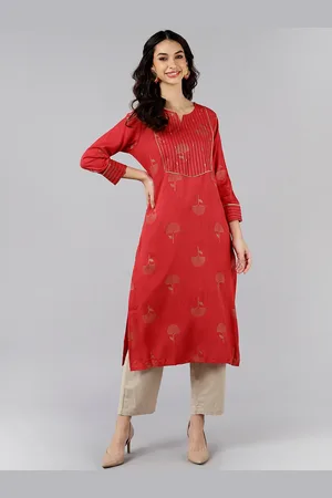 Ahika Women Red Ethnic Motifs Embroidered Cotton Kurta