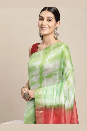 swatika Green & Coral Red Tie and Dye Pure Silk Bhagalpuri Saree