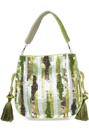 MARKQUES Striped Suede Oversized Half Moon Shoulder Bag with Tasselled