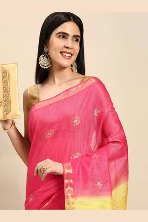 swatika Pink & Yellow Woven Design Silk Blend Handloom Bhagalpuri Saree