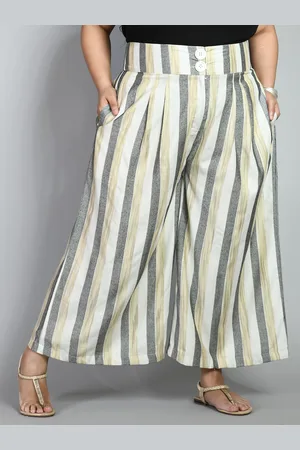 DesiNoor Women Plus Size Grey & White Striped Palazzos