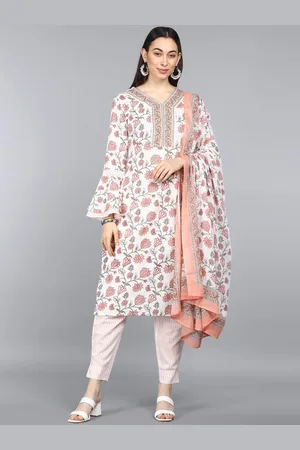 Ahika Women Off White Floral Printed Pure Cotton Kurta with Trousers & With Dupatta