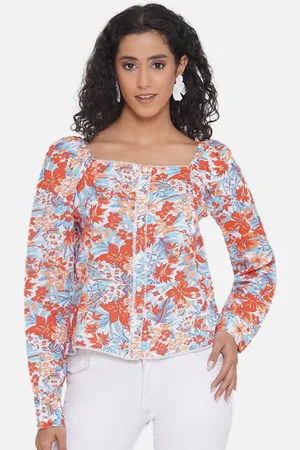 bellamia Floral Printed Square Neck Puff Sleeves Top