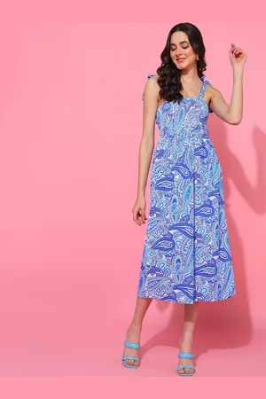 Mast & Harbour Floral Printed Shoulder Straps Smocked A-Line Midi Dress