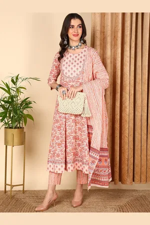 Ahika Peach-Coloured Floral Printed A-Line Pure Cotton Kurta With Trousers & Dupatta