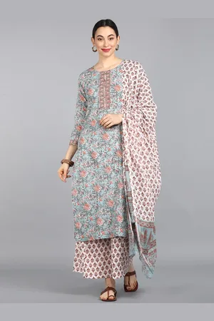 Ahika Women Green Floral Printed Regular Pure Cotton Kurta with Palazzos & With Dupatta
