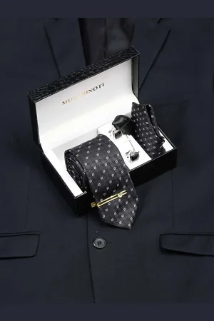 MUTAQINOTI Men Floral Black Silk Necktie Accessory Gift Set