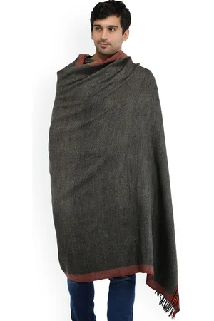 Exotic India Black Ink Pure Wool Kinnauri Woven Border Kullu Palla Shawl for Men