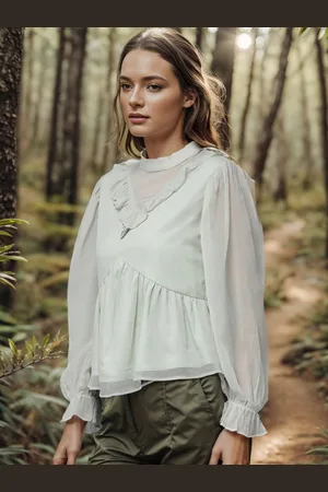 Rare Fashion White Round Neck long Cuffed Sleeves Ruffles Top