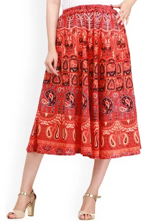 Exotic India Tomato Red Sanganeri Midi Skirt with Printed Elephants and Peacocks