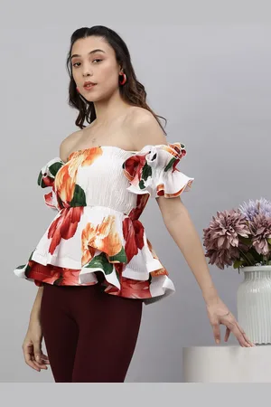SHOWOFF Women Abstract Printed Off Shoulder Viscose Rayon Top