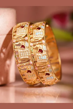 Rubans Set of 2 18K Gold Plated Multicolor Enamel in Elephant Ethnic Bangles