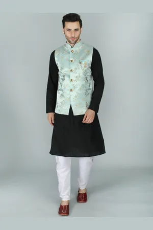 Exotic India Pastel Blue Ethnic Party Wear Floral Brocade Nehru Jacket Waist Coat