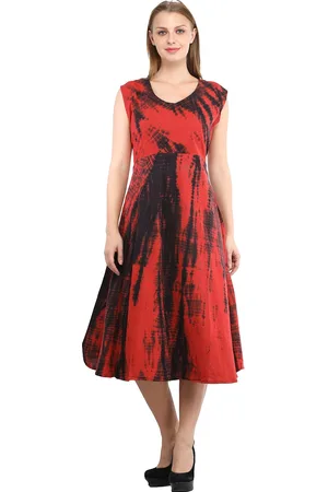 Exotic India Batik Tie & Dye Print Cotton Fit & Flare Midi Dress with Dori