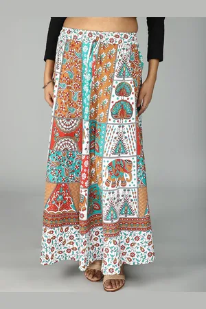 Exotic India Pure Cotton Sanganeri Long Skirt with All Over Floral-Elephant Printed Motifs