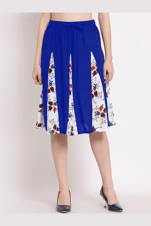 PATRORNA Women Blue & White Printed Flared Skirt With Contrast Pleated Detailing
