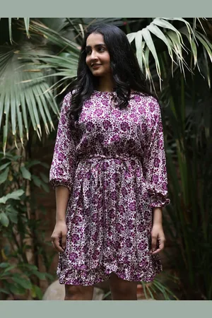 Exotic India Purple Assorted Vintage Pure Silk Vaccay Dress