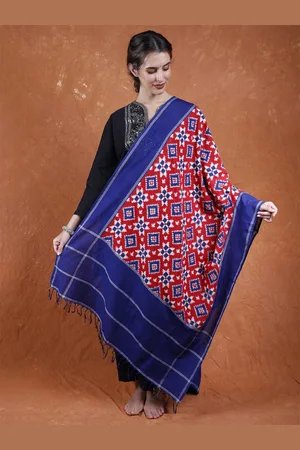 Exotic India Red Alert Pure Cotton Pochampally Handloom Dupatta with Double Ikat Weave