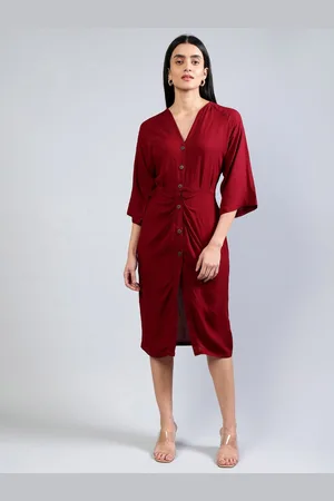 ENTELLUS Women Flared Sleeves Cotton Midi Sheath Dress