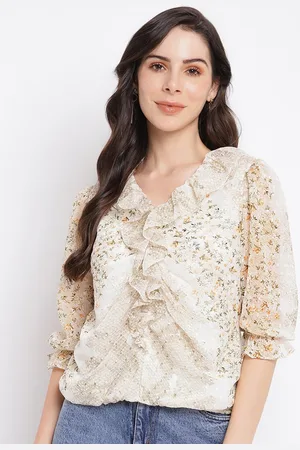 Latin Quarters Women Beige Floral Print Ruffle Blouson Top