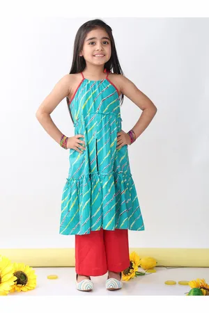 Sangria Girls Leheriya Printed Pure Cotton Straight Kurta & Trousers