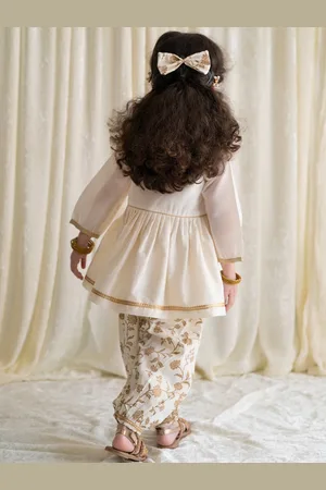 Tiber Taber Girls Floral Embroidered Chanderi Silk Kurta with Salwar & Bow