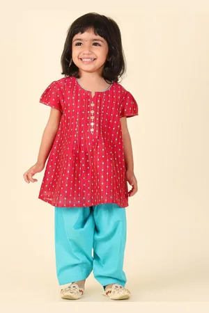 Fabindia Girls Ethnic Motifs Printed Cotton Silk A-Line Kurti With Salwar