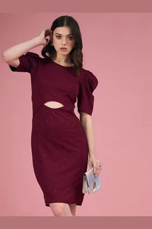 DressBerry Women Puff Sleeve Cut-Out Sheath Dress