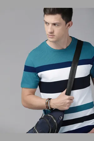 Roadster Men Teal Blue White Striped Round Neck Pure Cotton T-shirt