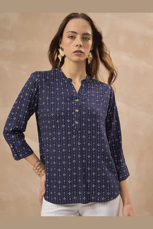 all about you Geometric Print Mandarin Collar Roll-Up Sleeves Empire Top