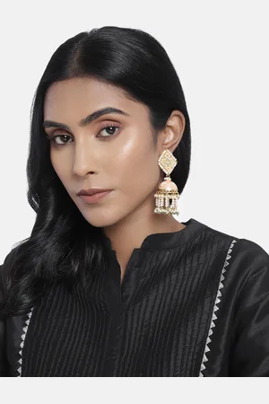 I Jewels Peach-Coloured Gold-Plated Pearl Beaded Handcrafted Enamelled Jhumkas