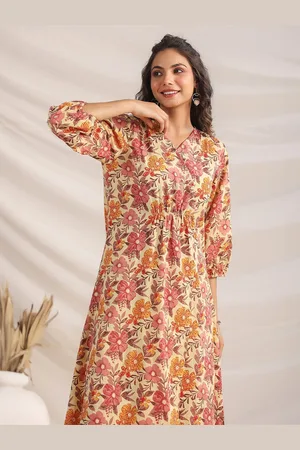 Janasya Floral Printed V-Neck Flared Sleeve Cotton A-Line Midi Dress