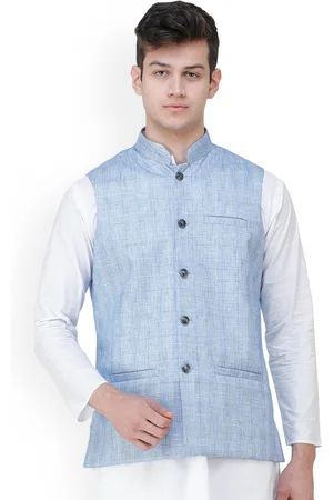 Exotic India Placid Blue Double Check Pattern Nehru Jacket with Front Pockets