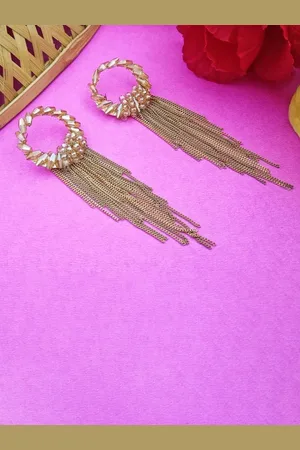 DIVASTRI Gold-Plated Artificial Stones Studded Tasselled Contemporary shaped Drop Earrings