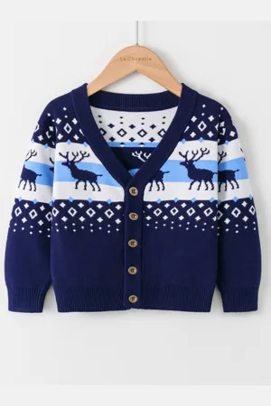 Stylecast Boys Navy Blue Graphic Self Design Cardigan