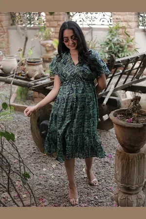 Exotic India Assorted Vintage Pure Silk Green Summer Dress