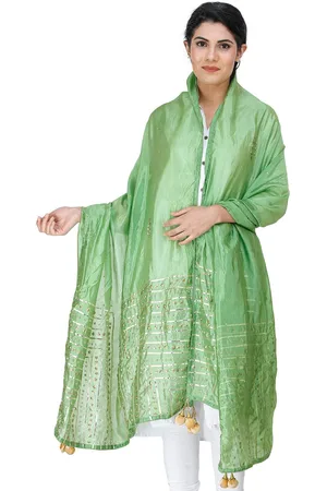Exotic India Parrot Green Silk Dupatta with Gota Patti, Floral Beads and Tassels