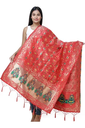 Exotic India Flame Scarlet Brocade Art Silk Dupatta with Birds and Geometric Motifs