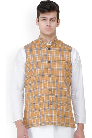 Exotic India Apple Cinnamon Double Check Pattern Nehru Jacket with Front Pockets