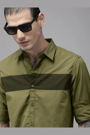 Roadster The Lifestyle Co Men Olive Green Colourblocked Pure Cotton Casual Shirt