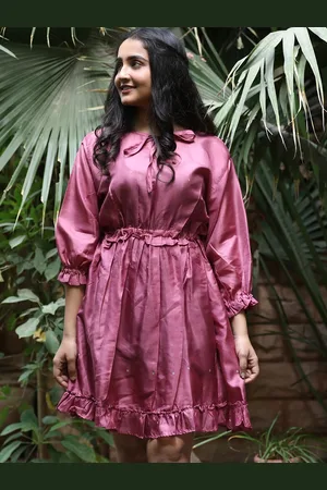 Exotic India Pink Assorted Vintage Pure Silk Vaccay Dress