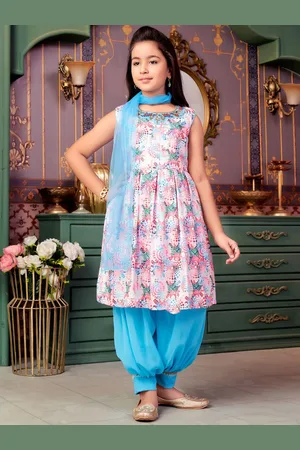 Aarika Girls Printed Pleated Beads and Stones Kurta with Patiala & With Dupatta
